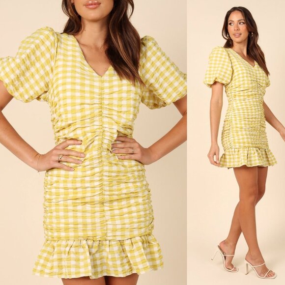 Petal & Pup NEW Tenice V Neck Gingham Puff Sleeve Mini Dress Green Size XS - Picture 4 of 11